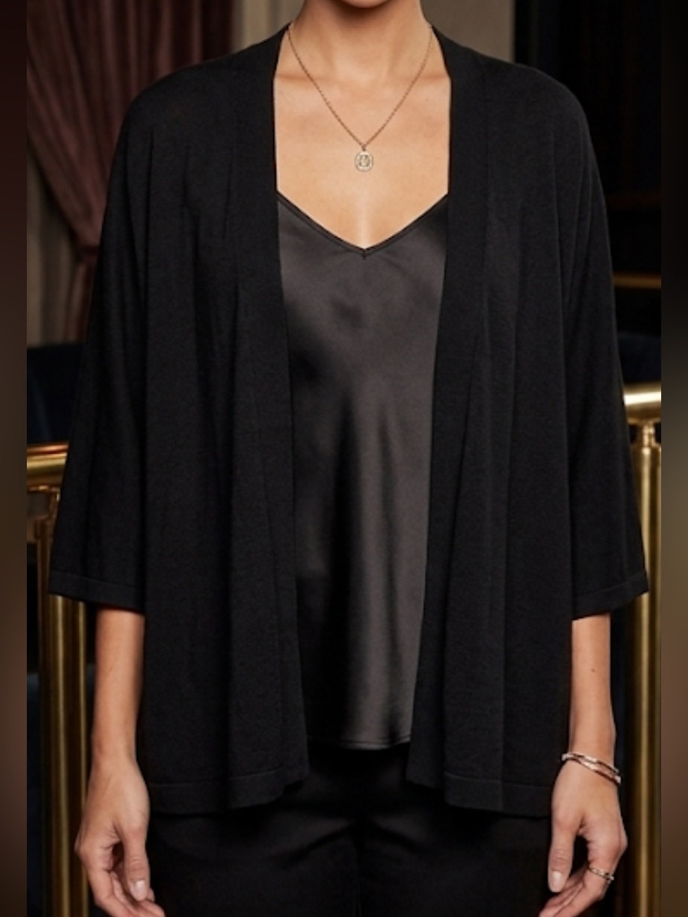IMAN “GLOBAL CHIC” Black Open-Front Lightweight Cardigan